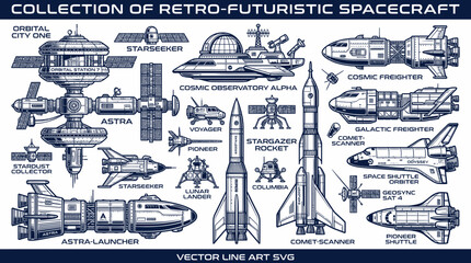 Retro futuristic rocket and orbital station line art collection © mamik