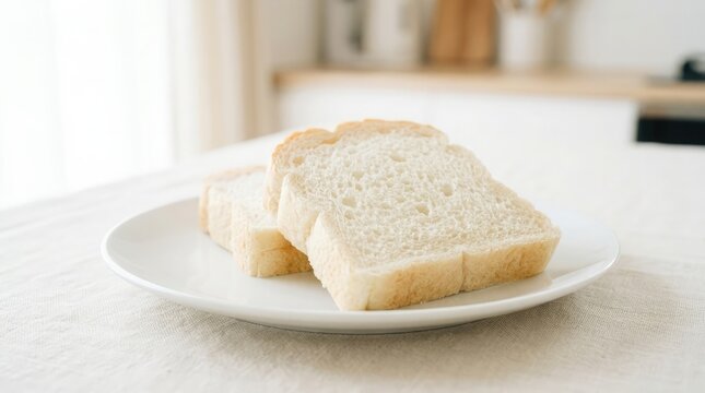 A plate of two slices of white bread sits on a kitchen countertop in a well-lit room with a blurred background.