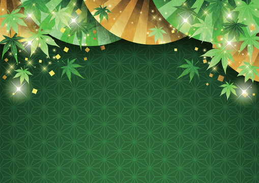 青紅葉、扇子、夏、和風、背景、和柄、かわいい、イラスト、横、緑