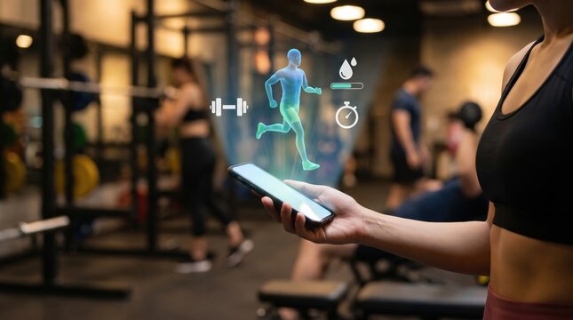 Fitness Tracking, Workout Analytics, and Digital Health Concept: Floating Holographic Running Avatar with Dumbbell, Water Intake, and Timer Icons above Blurred Smartphone in Gym