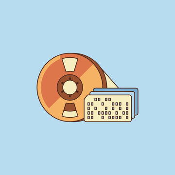 A vintage magnetic tape reel with old computer punch cards