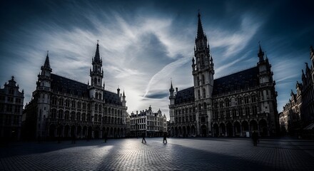 Fototapeta premium Dramatic moody view of Grand Place in Brussels Belgium at twilight.