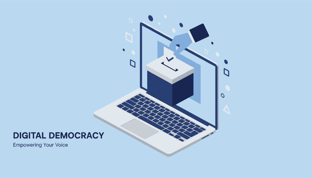 Innovative digital democracy concept showing a hand casting a ballot into a virtual box through a laptop screen.
