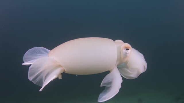 Pale white cuttlefish swimming underwater in the deep blue sea over the sandy ocean floor.