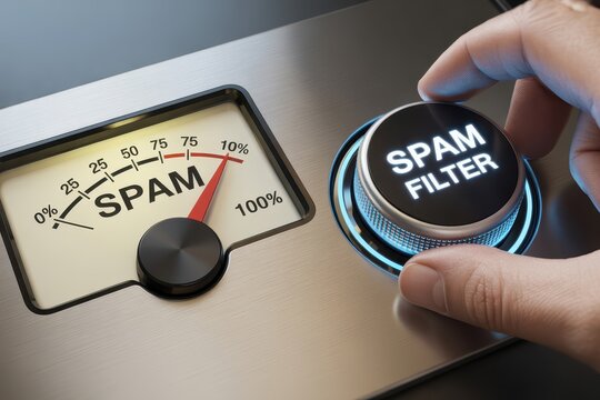 Hand turning a spam filter dial on a control panel to reduce junk mail