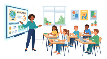 Fototapeta premium Teacher standing in front of classroom with students sitting at desks for Back to School