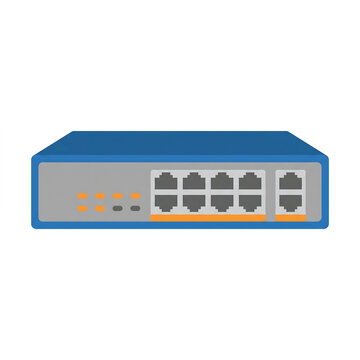Front view of a blue and grey network switch with multiple Ethernet ports and orange indicator lights, essential for data communication.