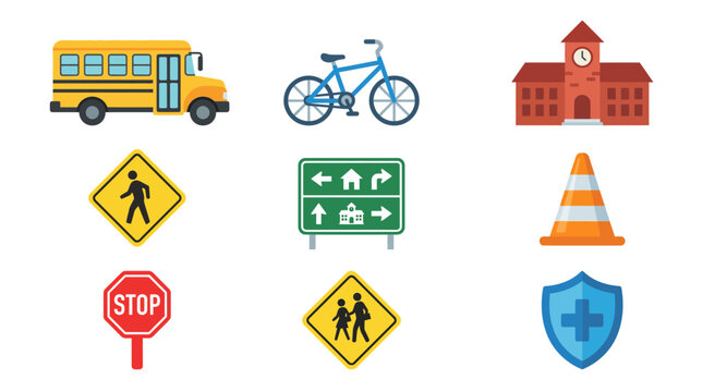 Back to School traffic signs and symbols with bicycle school bus and building
