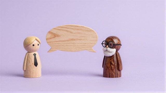 Two wooden figures converse, one young, one old with glasses and beard.