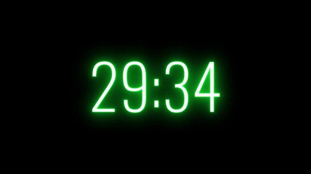 Stock footage with alpha channel for video overlays and tech intros.Digital countdown timer counts down on black background.