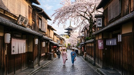 Obraz premium traditional Japanese street in Kyoto lined with cherry blossom trees in full bloom