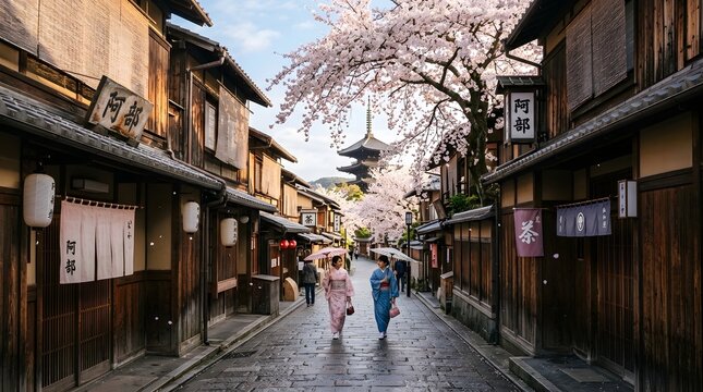 traditional Japanese street in Kyoto lined with cherry blossom trees in full bloom