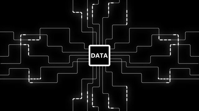 Digital data processing animation with glowing circuitry lines and central processor node for technology concepts