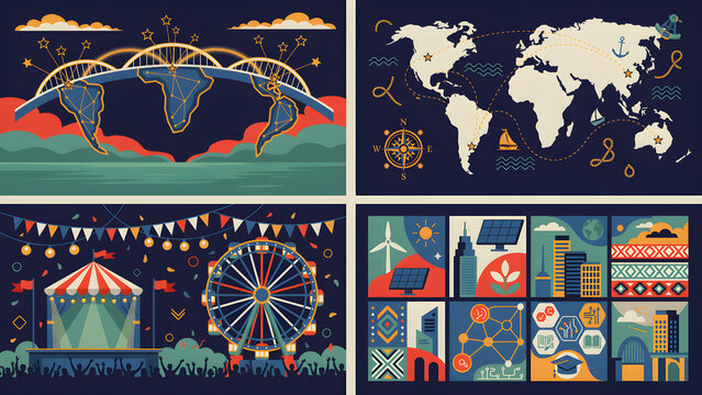 Global travel and carnival banner collection with world maps amusement park and urban infrastructure icons