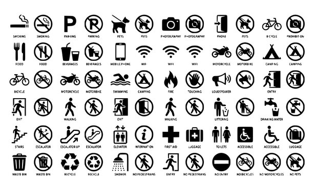 Universal Signage Icons with Prohibition Marks and Permission Symbol Variations