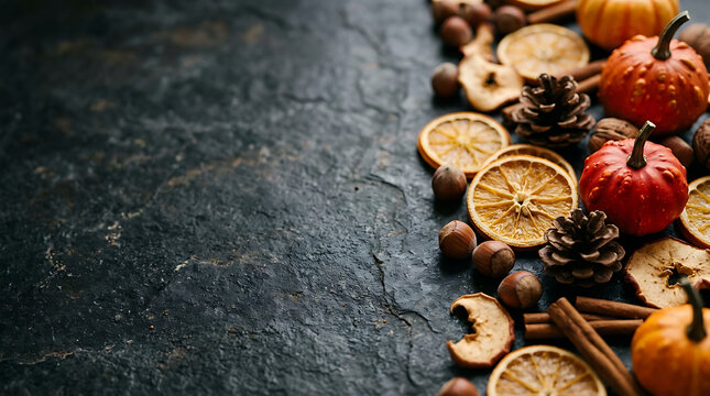Autumn composition of pumpkins, dried oranges and pine cones on dark textured background with copy space