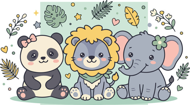 Cartoon panda lion elephant friends.