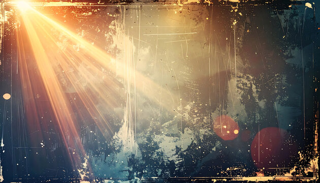 Vintage distressed film texture with light leaks, golden sunbeams and dust scratches, cinematic atmosphere, grunge background overlay