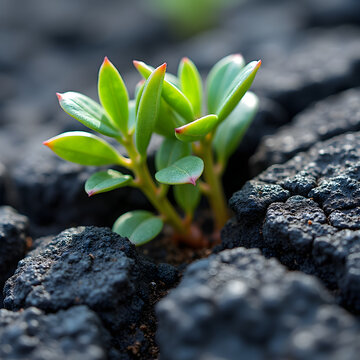 Close-up of heat-resistant plant species growing from cracks in hardened lava fields