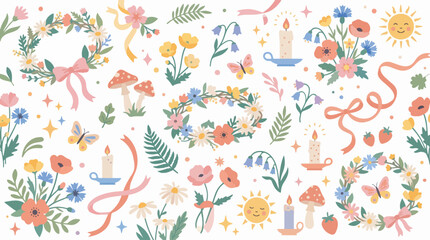 Obraz premium A vibrant collection of spring and summer elements including floral wreaths, wildflowers, butterflies, candles, and suns, arranged as a seamless pattern.