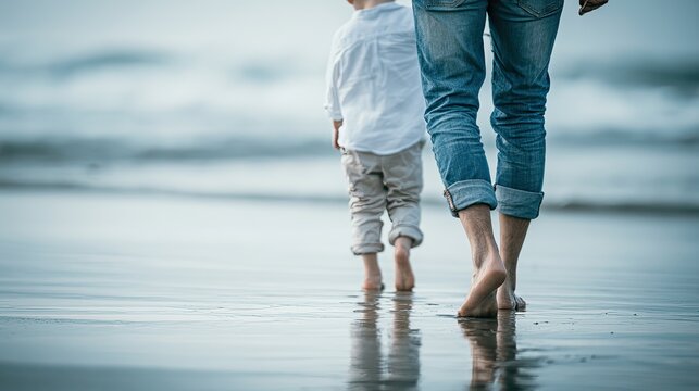 Father and toddler walking barefoot on shallow seaside sand, back view retro soft tone, warm parent-child seaside vacation humanistic asset