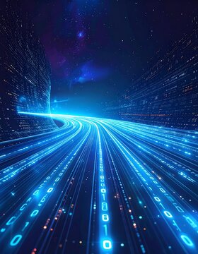 A digital tunnel with vibrant blue light trails and binary code streaming through, set against a starry night sky