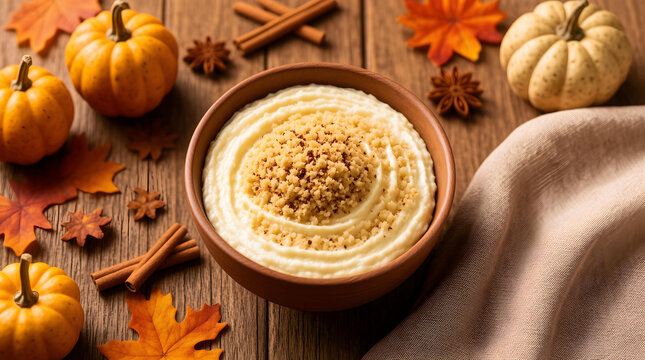 Pumpkin soup bowl autumn spice cinnamon leaf wooden table, creamy pumpkin soup with crumble garnish among fall decoration