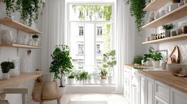 Bright kitchen space features extensive natural wood shelving adorned with ceramic objects and numerous potted green plants