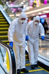 Fototapeta premium Hazmat Suited Workers on Escalator in Modern Shopping Mall for Decontamination