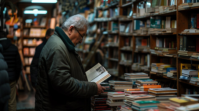Elderly man browsing books in a cozy second hand bookstore surrounded by shelves and stacks of novels