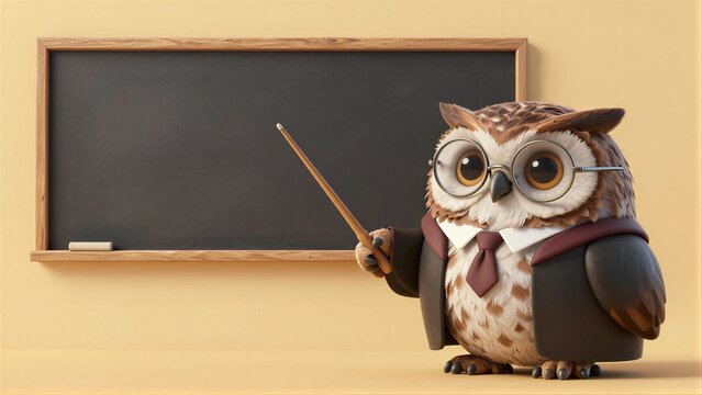 Smart owl teacher in glasses and suit points at blank chalkboard with a stick.