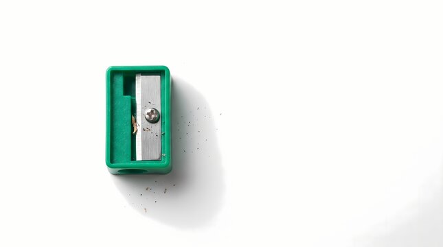 A close-up photography of a green pencil sharpener on a white background
