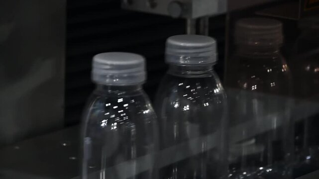 Slow motion video of plastic bottles moving on a conveyor belt in a production line.
