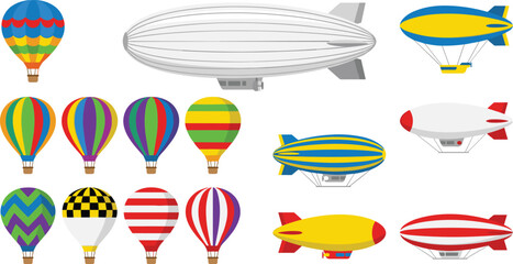Hot Air Balloons and Zeppelin Airships Set – Colorful Vector Illustration Collection © Manna