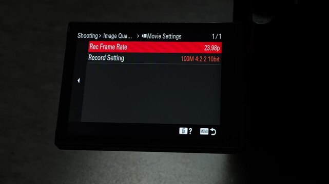 Close-up of a filmmaker or cinematographer adjusting movie settings on a professional cinema camera screen, selecting frame rate, resolution, and recording format for a video production
