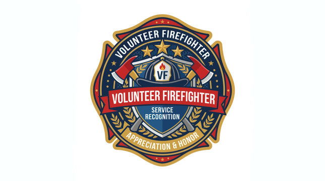 Volunteer firefighter service recognition emblem with axes and stars