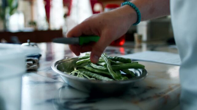 Professional chef garnishing or seasoning fresh green beans on a plate in a restaurant kitchen. Selective focus close-up of healthy organic vegetable dish preparation. Fine dining art.