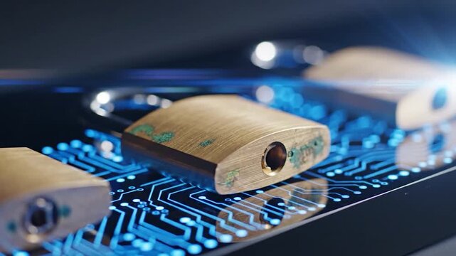 Brass padlocks resting on glowing digital circuit board for cybersecurity concept