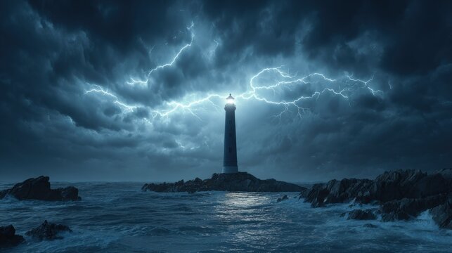 Isolated coastal tower shines brightly amid violent electrical storm over dark ocean waters