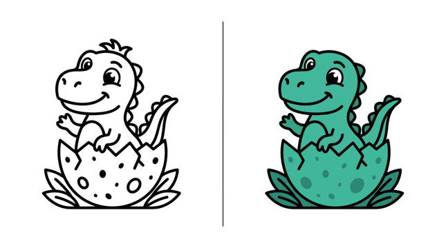 Baby dinosaur hatching from egg icon set.