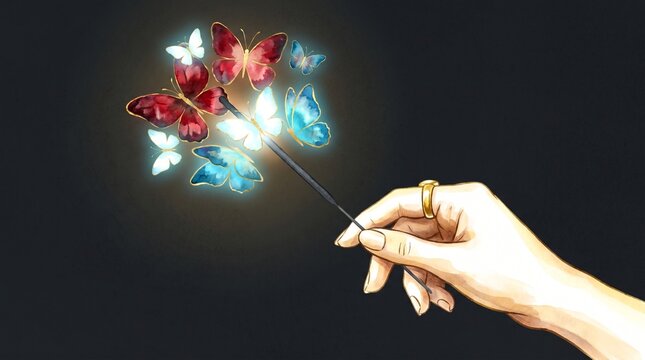 Enchanting magic wand illustration, a hand holding a glowing stick with luminous red and blue butterflies, mystical fantasy concept art, magical transformation graphic.