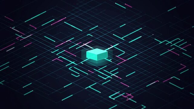 Abstract Futuristic Isometric CPU Processor with Cyber Grid Data Flow Loop
