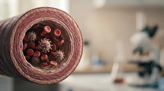Detailed cross section of a human blood vessel showing circulating red blood cells and abnormal viral particles within a laboratory research setting with scientific equipment visible in the