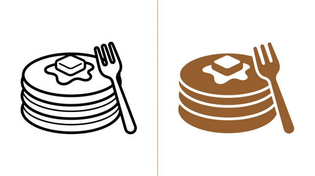 Breakfast pancake stack with butter and syrup icons.