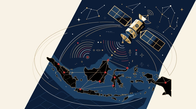 Luxury Minimalist Satellite Communication and Elegant Indonesia Map Network Signal Vector Illustration