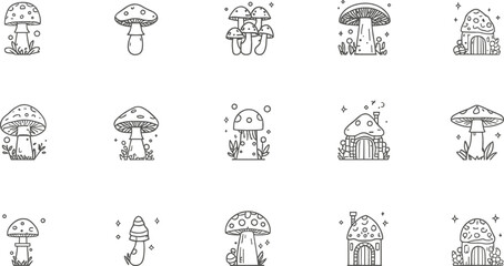 Mushroom Silhouette Icon Set Featuring Whimsical Toadstools, Magic Fungi Plants, and Fairytale Mushroom Houses for Fantasy Forest Theme Craft and Sticker Vector Designs © Salina
