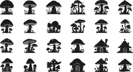 Mushroom Silhouette Icon Set Featuring Wild Toadstools, Fungi Plants, and Fairytale Mushroom Houses for Autumn Forest and Fantasy Theme Vector Designs © Salina