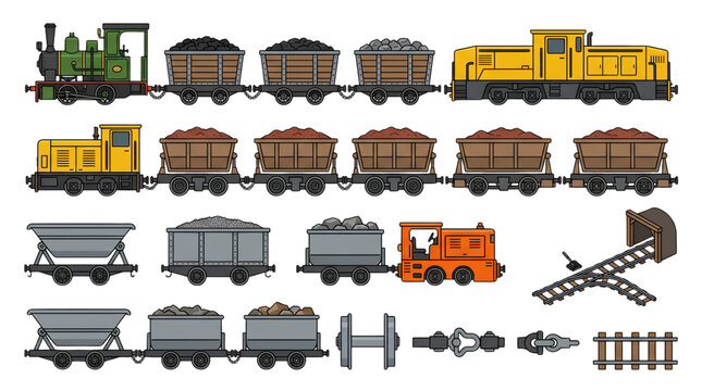 Mining train with mine carts and ore wagons vector illustration collection isolated on white background