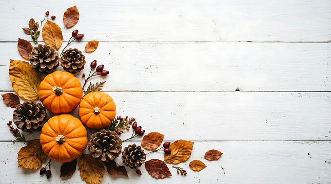 Autumn flat lay arrangement with orange pumpkins and pine cones on white wooden background for Thanksgiving