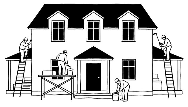 Workers painting house exterior with ladders and scaffolding